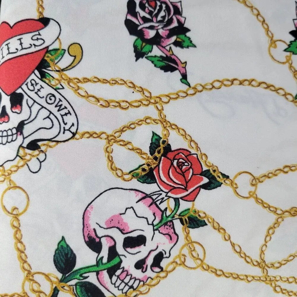 Ed Hardy KING Sheets Set 6pc White Pink Skull Roses Gold Chain Love Kills Tattoo
